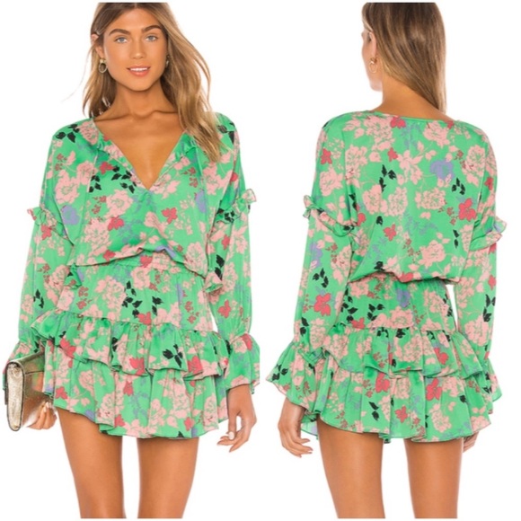 Misa Los Angeles Dresses & Skirts - MISA Amalya Dress Sz small Peony Green Floral Ruffle Mini Smocked Long Sleeve